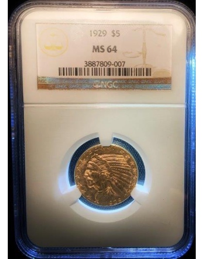 1929 $5 Indian Gold MS64 NGC