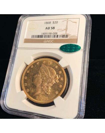 1868 $20 Liberty AU58 CAC NGC