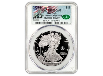 2025-P 1 oz American Silver Eagle w/ Marine Corps Privy CACG PR70 
