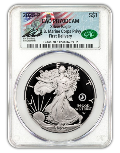 2025-P 1 oz American Silver Eagle w/ Marine Corps Privy CACG PR70