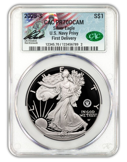 2025-S 1 OZ AMERICAN SILVER EAGLE W/ NAVY PRIVY CACG PR70