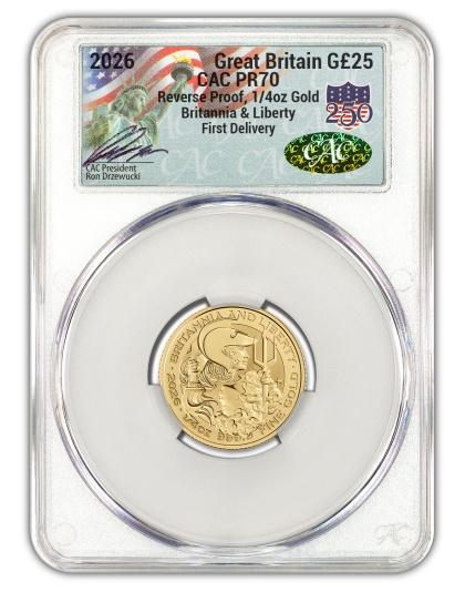 2026 Great Britain 1/4 oz Gold Britannia &amp; Liberty CAC Reverse PR70