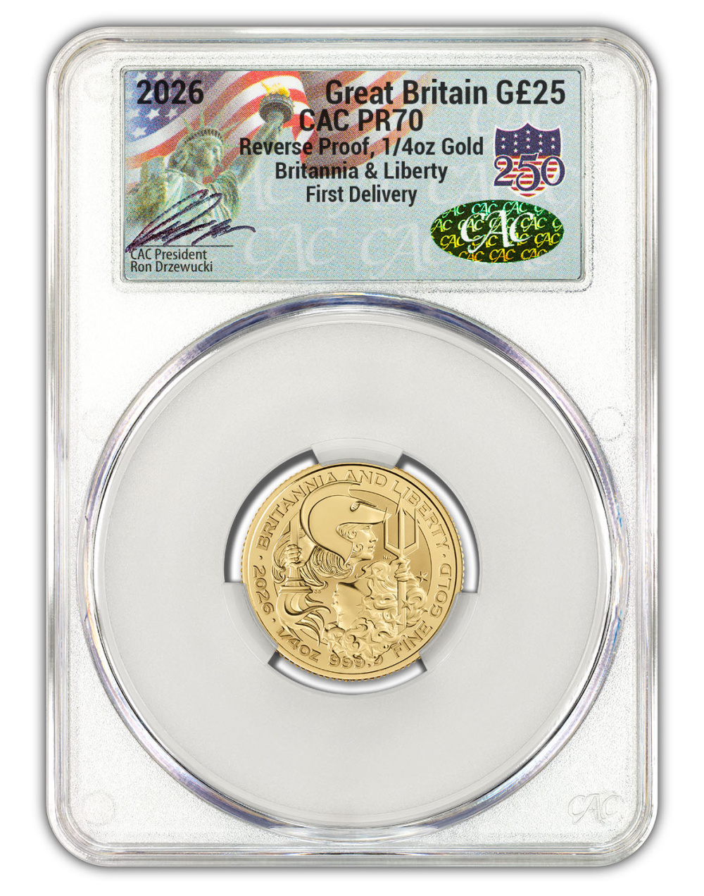 2026 Great Britain 1/4 oz Gold Britannia & Liberty CAC Reverse PR70