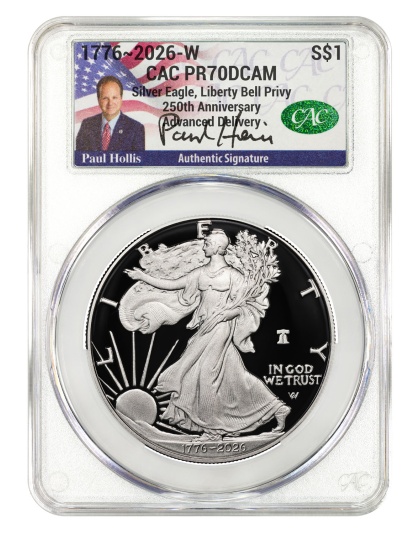 2026-W 1 oz Silver Eagle Liberty Bell 250 Privy Paul Hollis Signature CAC PR70