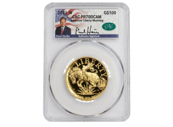 2021-W $100 Mustang High Relief Gold CACG PR70 Paul Hollis Signature
