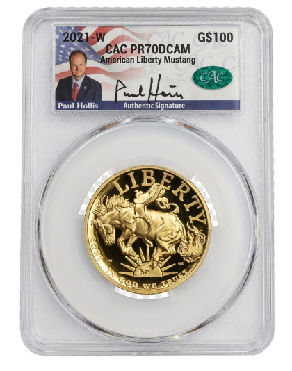 2021-W $100 Mustang High Relief Gold CACG PR70 Paul Hollis Signature