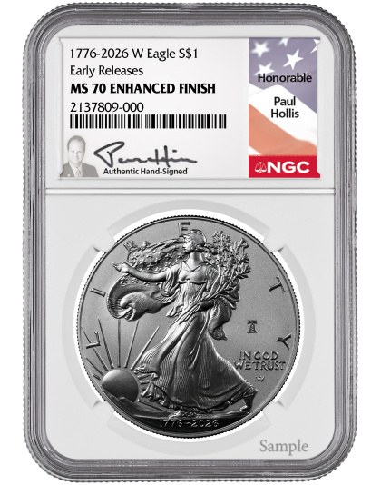 1776-2026-W 1 oz American Silver Eagle Enhanced Finish Liberty Bell Privy U.S. Mint Director Paul Hollis Signed NGC MS70
